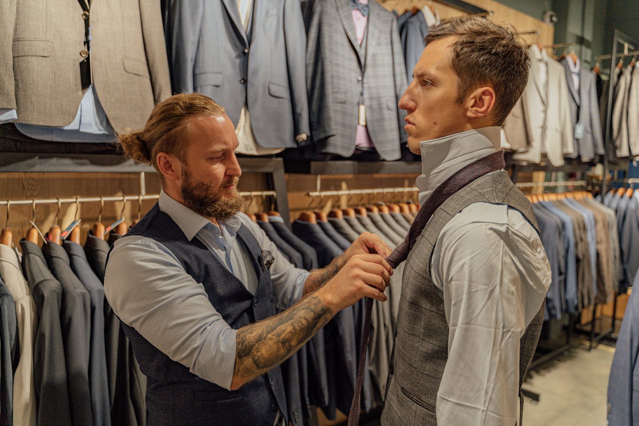 service-01 Professional tailor adjusts customer's necktie in a stylish men's suit store.